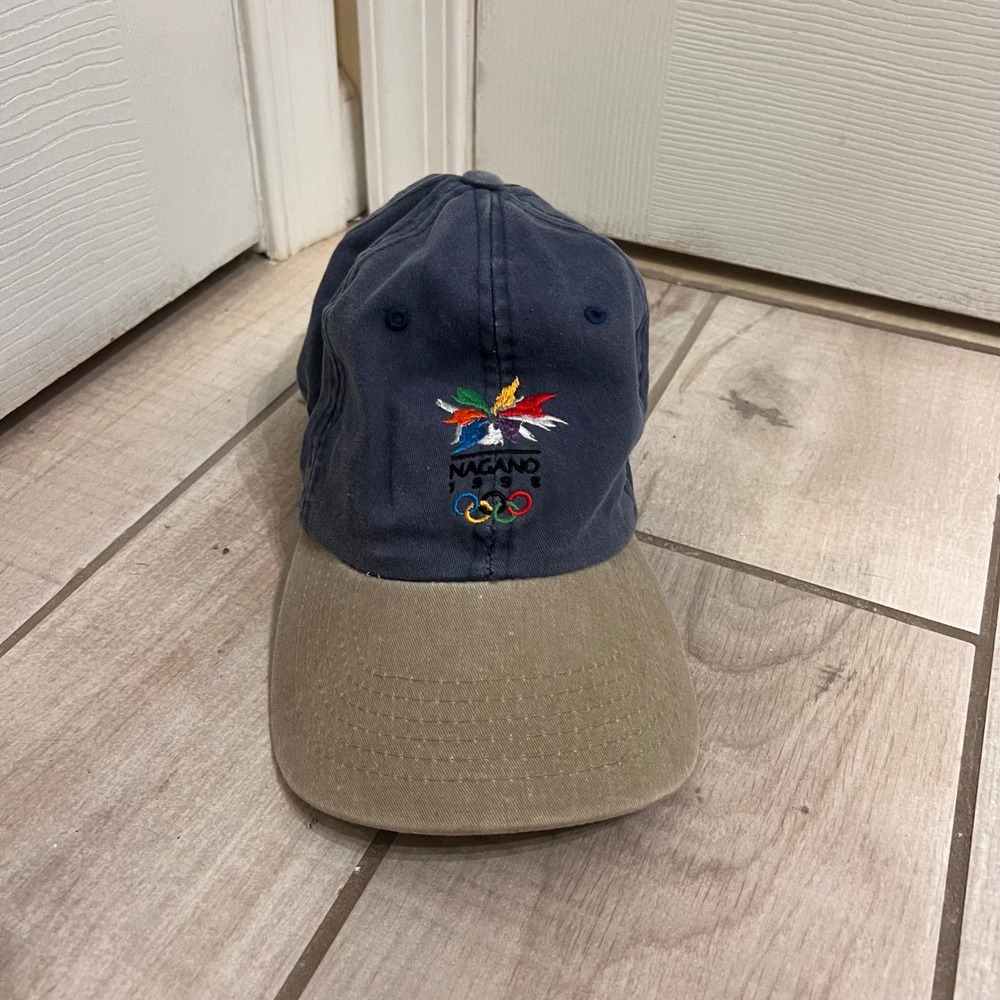 Vintage Nagano 1998 Olympics Hat Navy Blue Khaki Strapback USA Official Licensee